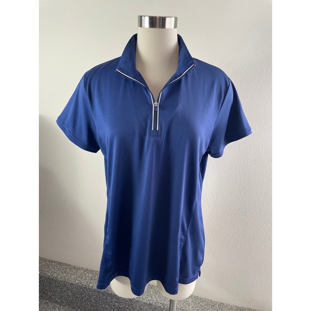 EP New York Womens XL Blue Short Sleeve Zip Neck Golf Polo Shirt Performance